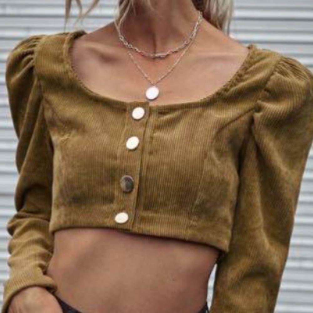 Zara long Puffy Shoulder sleeve  brown corduroy button up crop top